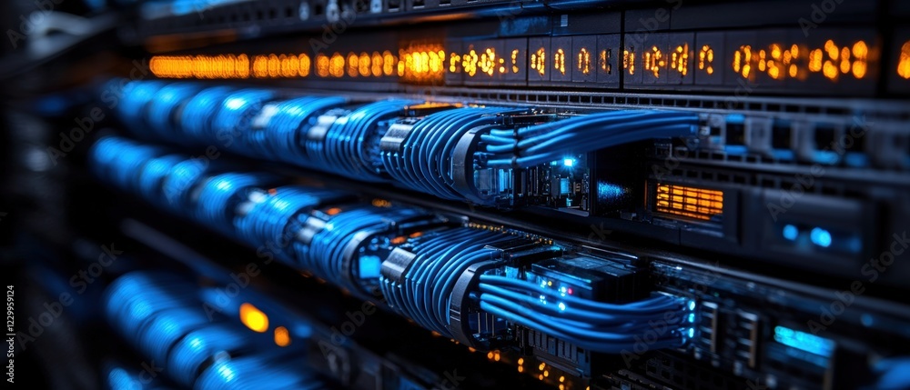 Poster server rack with multiple cables connected for network and data storage management