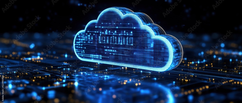Poster cloud with a computer chip illustrating technology and data processing concept in a digital environm
