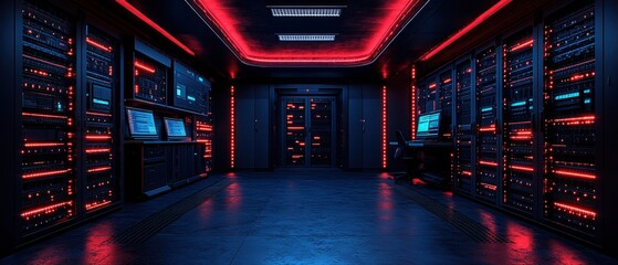 Server room filled with multiple servers and red indicator lights on the equipment