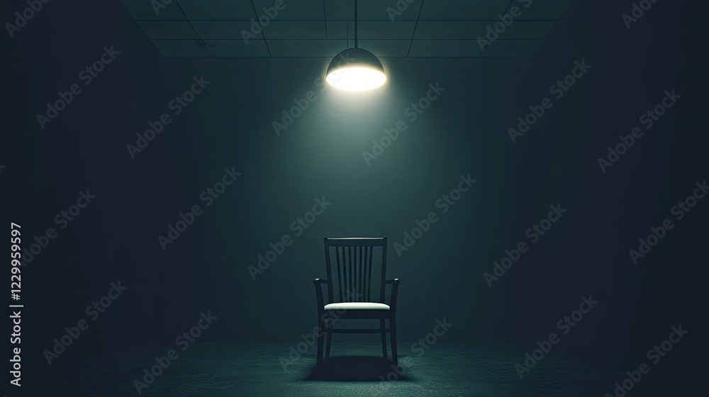 Canvas Prints a shadowy interrogation room with a single chair and an overhead lamp casting stark contrast.