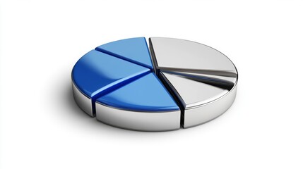 Fototapeta premium A metallic-style financial pie chart with blue and silver segments, displayed on a white background with sharp edges and shadows