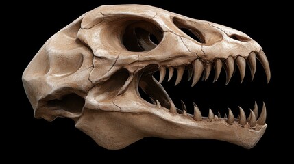 Naklejka premium A detailed dinosaur skull model, showcasing its intricate structure and sharp teeth, Ideal for educational materials, documentaries, or design projects related to paleontology and prehistoric themes,