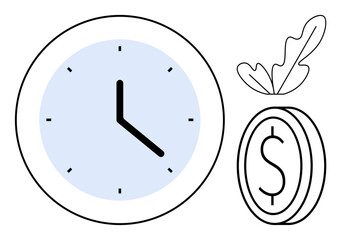 Clock with black hands and light blue face next to a money coin sprouting leaves. Ideal for productivity, time management, financial growth, investment, savings, business planning, and strategy