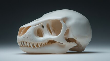 Naklejka premium A detailed, side-profile view of an animal skull on a smooth surface, showcasing its intricate bone structure and sharp teeth, Ideal for educational materials, anatomy studies, or artistic projects,