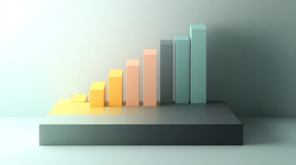 A minimalist D bar graph with pastel-colored bars rising from a flat surface, with subtle shadows and axis labels, symbolizing smooth growth trends.