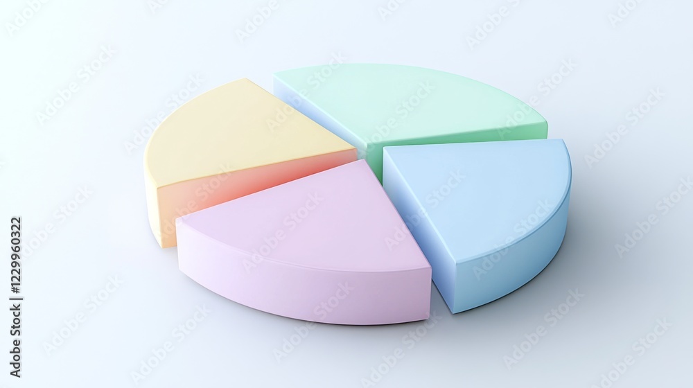 Poster a minimalist d pie chart with pastel-colored slices, smoothly separated to reveal individual section
