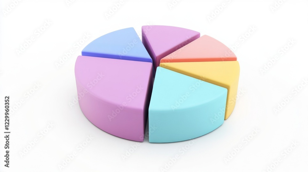 Poster A minimalist D pie chart with pastel-colored slices, smoothly separated to reveal individual sections, placed on a clean white background.