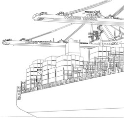 Container Ship and Port Cranes Line Art Illustration