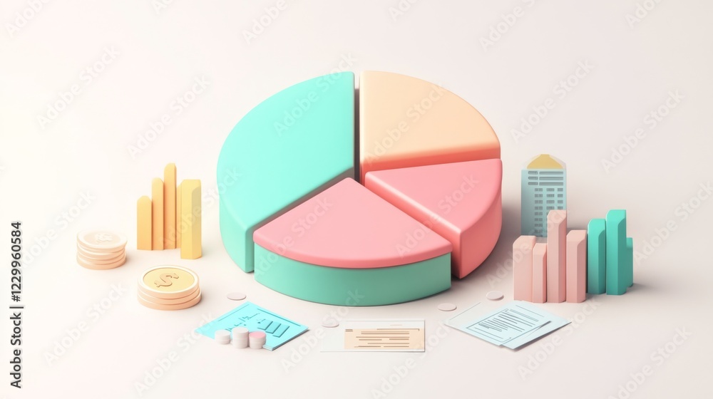 Poster a minimalist financial pie chart with pastel-colored slices, displaying income distribution, with fi