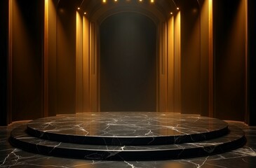  Dramatic stage set with a sleek black platform that shimmers with subtle reflections, elevated by a series of steps leading up to a majestic golden throne-like structure, all bathed in warm, golden l