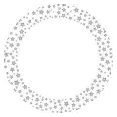 A decorative circle made up of grey stars of various sizes, placed along the circumference to form a unique wreath or border, with a transparent center, creating a sophisticated, minimalist look perfe
