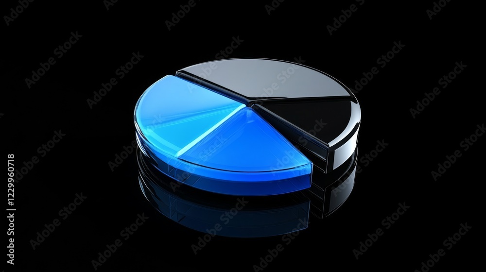 Fototapete a minimalist pie chart with metallic segments in blue tones, on a reflective black background, with 