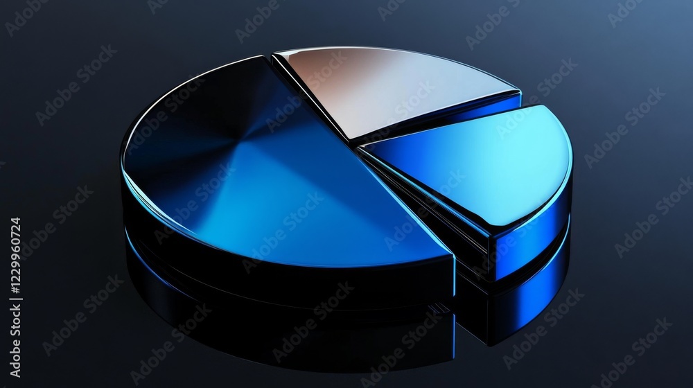 Fototapete a minimalist pie chart with metallic segments in blue tones, on a reflective black background, with 