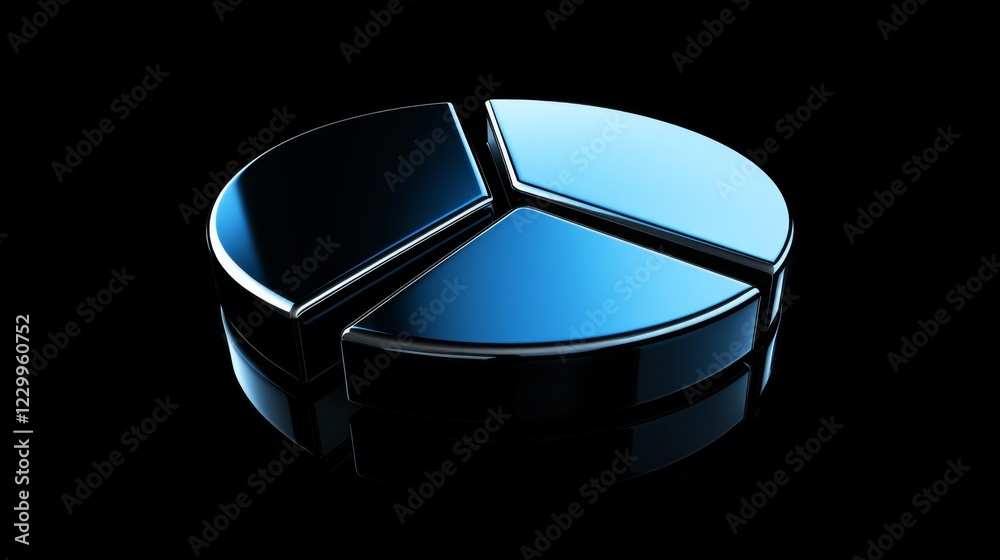 Fototapete a minimalist pie chart with metallic segments in blue tones, on a reflective black background, with 