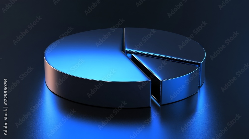 Fototapete a minimalist pie chart with metallic segments in blue tones, on a reflective black background, with 