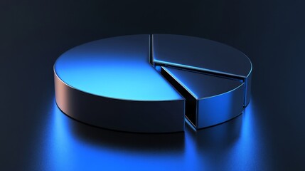 Fototapeta premium A minimalist pie chart with metallic segments in blue tones, on a reflective black background, with a subtle light effect to add depth