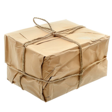 Wrapped Brown Package Tied with Twine on White Background