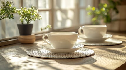 Fototapeta premium Morning coffee ritual cozy kitchen image natural light close-up serenity and comfort