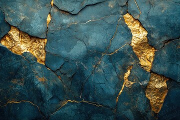 Gold veins in cracked dark blue rock, geological background, resource concept