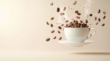 Obraz premium Flying coffee beans and levitating cup with saucer on pastel background with steam, creative coffee concept with free place for text