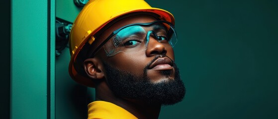 A confident individual in a hard hat and safety glasses, posing against a green backdrop.