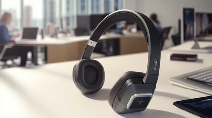 A modern wireless headset on a white desk, symbolizing virtual business communication.