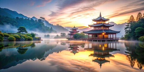 Naklejka premium Peaceful Asian temple, calm waters reflecting tranquil architecture; a sanctuary for spiritual reflection.