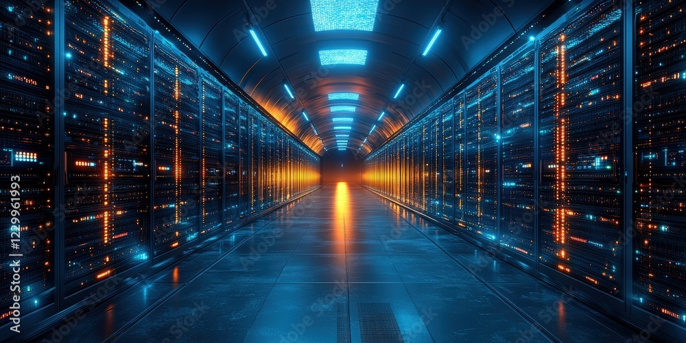 Poster long hallway filled with rows of servers in a data center environment for technology and computing