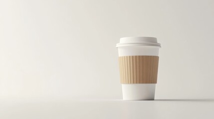 Paper coffee cup with cardboard sleeve on bright background, minimalist mockup with copy space