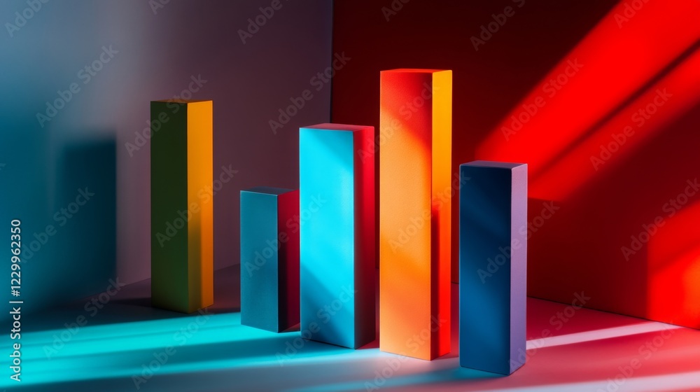 Poster a multi-colored d bar chart on a gradient background, with bars in bright red, blue, and green, cast