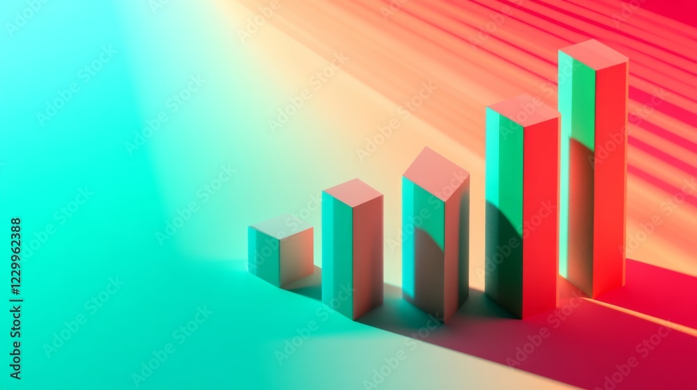 Poster a multi-colored d bar chart on a gradient background, with bars in bright red, blue, and green, cast
