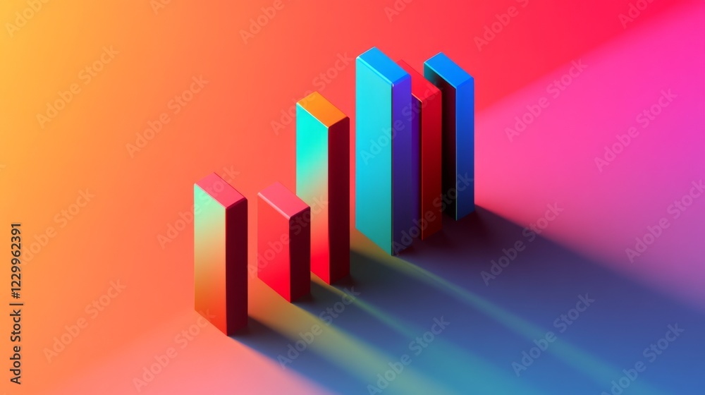Poster A multi-colored D bar chart on a gradient background, with bars in bright red, blue, and green, casting clear shadows for added dimension