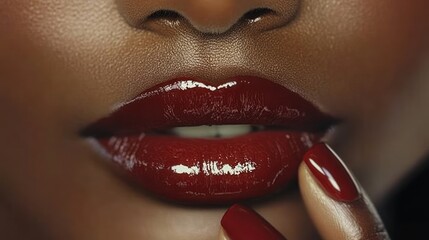 Obraz premium Close-up of woman's glossy red lips and nails.