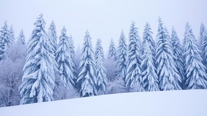 Fototapeta premium Snow-covered evergreen trees stand tall in a winter wonderland, creating a serene and peaceful scene, snow-covered, snow, winter