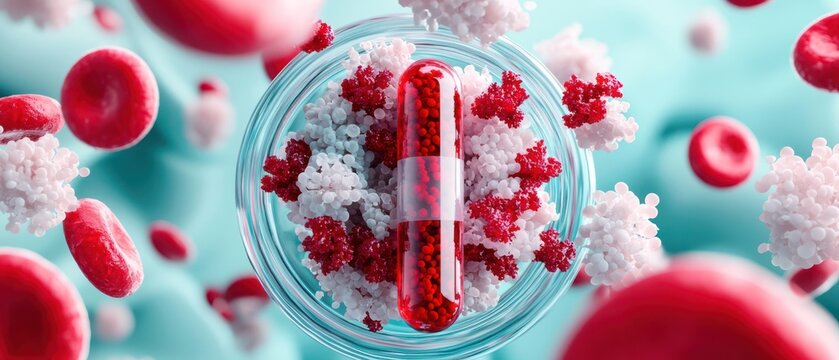A digital representation of a capsule surrounded by red blood cells and proteins.