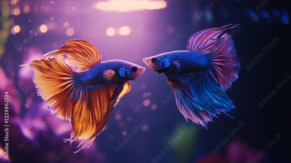 Poster a pair of siamese fighting fish facing each other with fins fully spread, captured in a moment of te