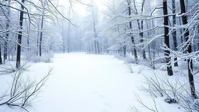 Snow-covered forest with frosty and icy trees blanketed in a peaceful blanket of snow, serene, icy, frost - Powered by Adobe