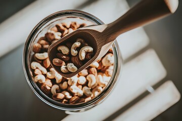 Assorted Nut Mix A glass jar filled with almonds, cashews, and walnuts