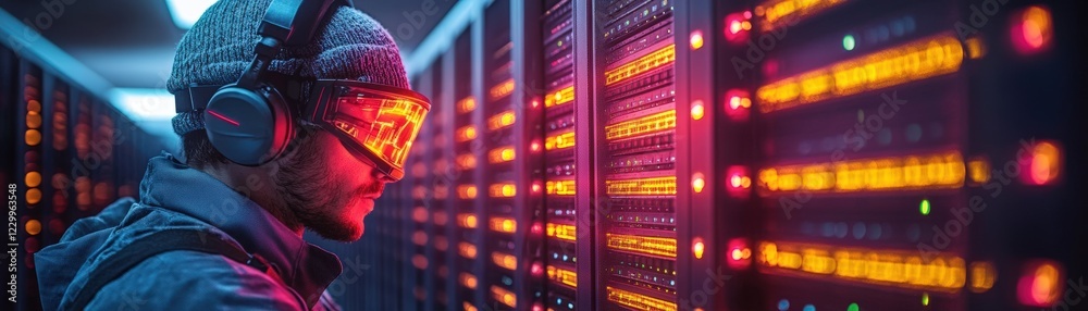 Poster man wearing headphones and headset in front of computer server in data center environment
