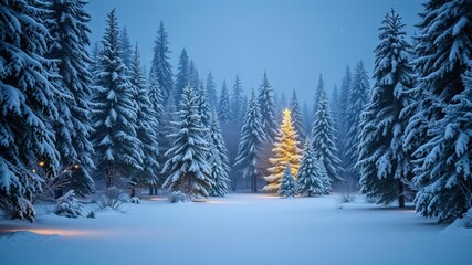 Snow-covered trees glittering with twinkling lights in a magical winter wonderland forest setting, winter wonderland, snowy forest, festive