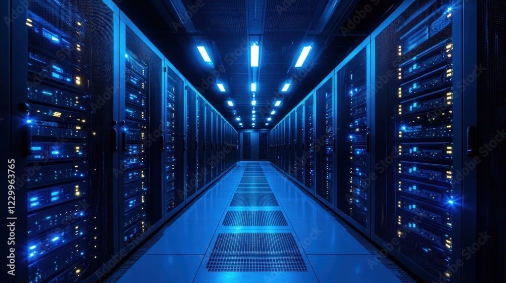 Poster long row of server racks in a data center with cables and blinking lights in a technology environmen