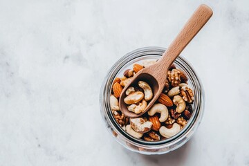 Fototapeta premium Assorted Nut Mix A glass jar filled with almonds, cashews, and walnuts
