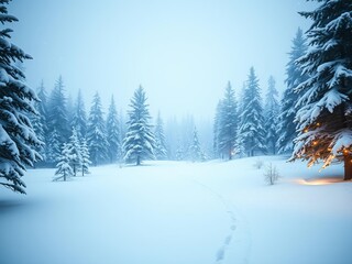 Obraz premium Snowy forest with pine trees covered in snow and illuminated by twinkling lights, creating a magical winter wonderland, peaceful, winter, atmosphere