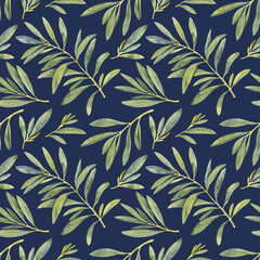 Seamless pattern watercolor olive green branch. Hand painted floral illustration olives tree branches leaves on blue background. Drawings foliage. For fabric, wrapping, decor, wedding stationary gift