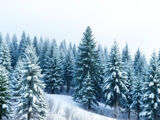 Fototapeta premium Snowy watercolor landscape featuring pine trees and soft snowfall, creating a serene winter setting, landscape, winter wonderland, pine trees