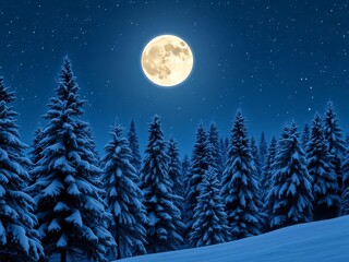 Naklejka premium Snowy winter wonderland scene with tall pine trees, snow, christmas lights, and full moon, full moon, winter, pine trees