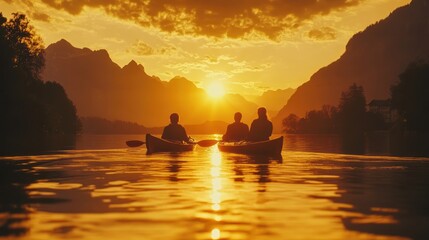 Kayakers silhouetted against a vibrant sunset over a calm lake, mountains in the background.