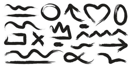 Vector set of chalk brush hand drawn grunge doodles set. Paint brush stroke, ink splatter and artistic design elements.	