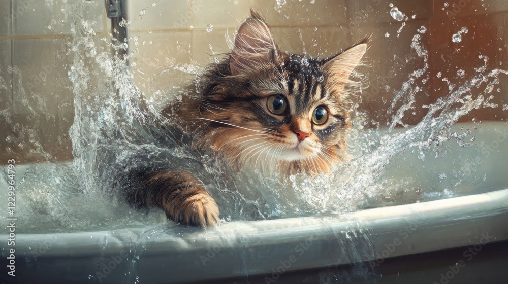Poster a playful image of a fluffy cat cautiously stepping into a bathtub filled with warm water, with spla