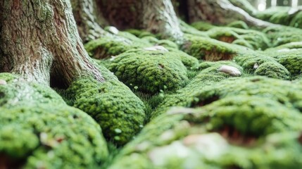 Micro shot close-up habitat exam droplet. Lush green moss blankets the ground around tree roots, creating a serene and vibrant natural landscape.